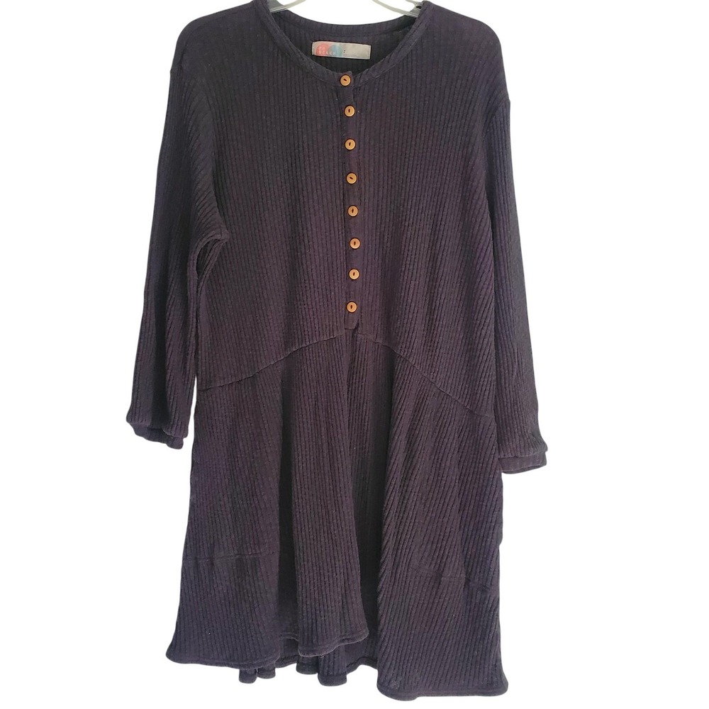 FP Beach Dress Women Small Gray Black Waffle Knit Button Front Long Sleeve Tunic